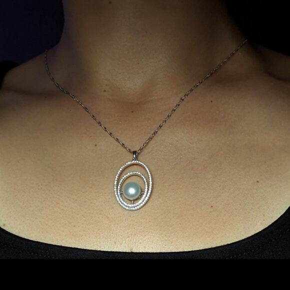 Natural Freshwater Pearl Necklace Pendant Double Layer Circle Zircon Silver NWT - Picture 7 of 11